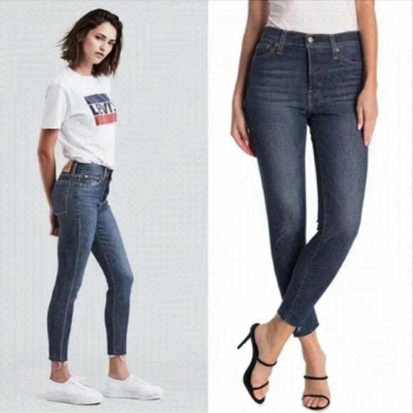 Levi’s Wedgie High Rise Dark Wash Denim Frayed Raw Hem Skinny Ankle Jeans - Picture 1 of 14